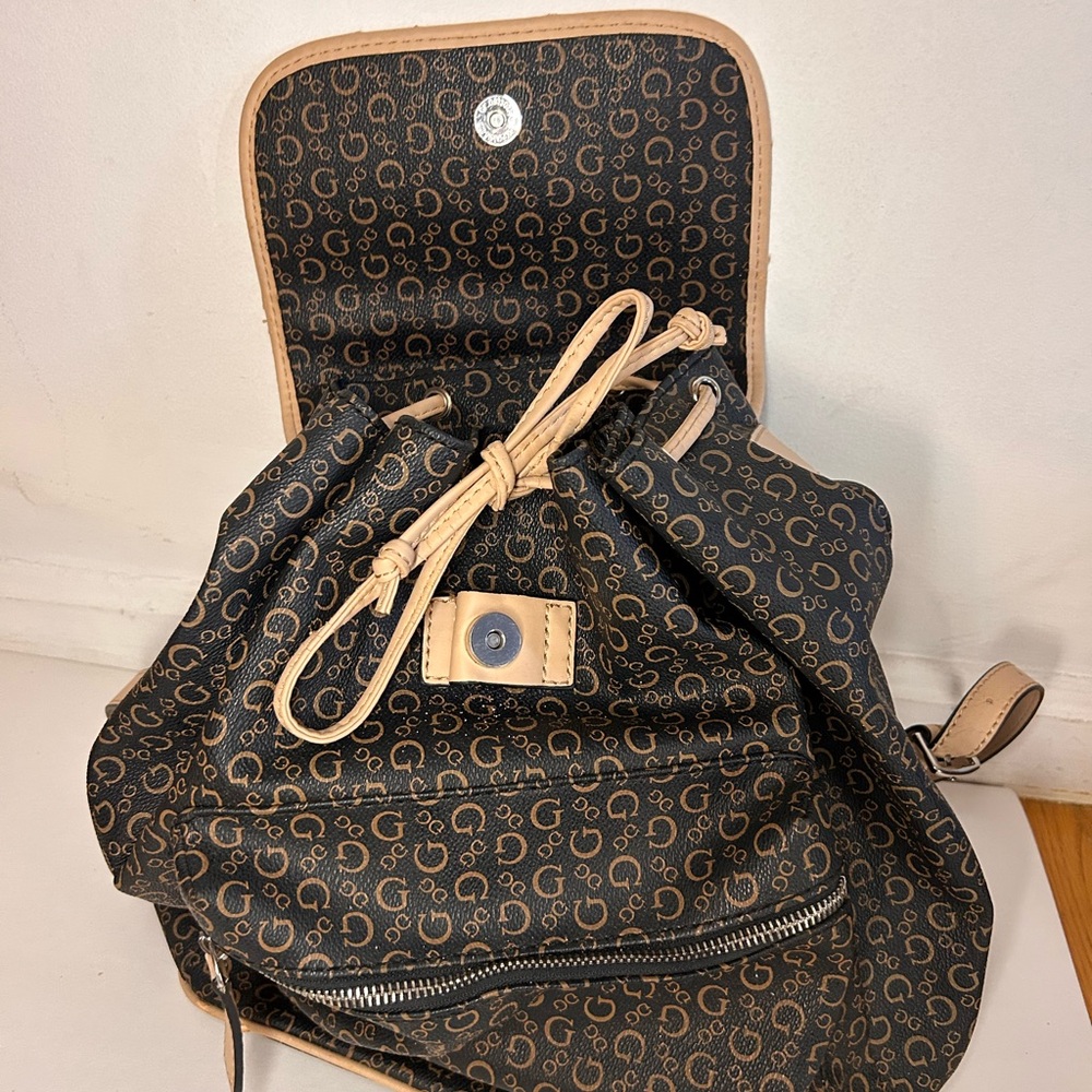 Guess Monogram Drawstring Backpack Brown + Tan - image 3